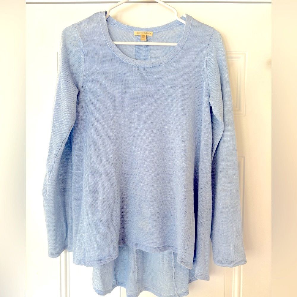 Eileen Fisher women’s 100% linen knit baby blue high low sweater size XS